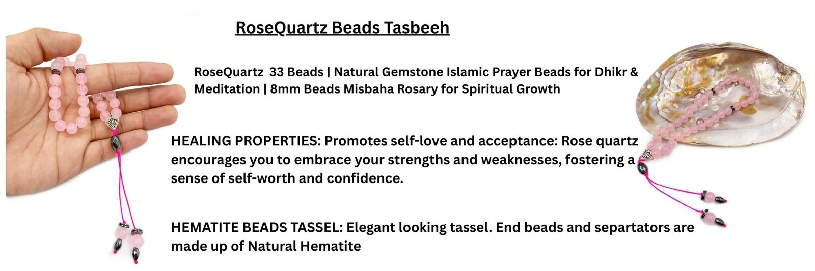 RoseQuartz 33 Beads - 8 mm Misbaha Tasbeeh Prayer Beads