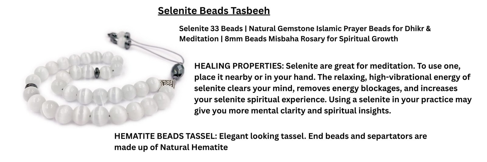 Natural Selenite Beads 8 mm -33 beads Tasbeeh Rosary