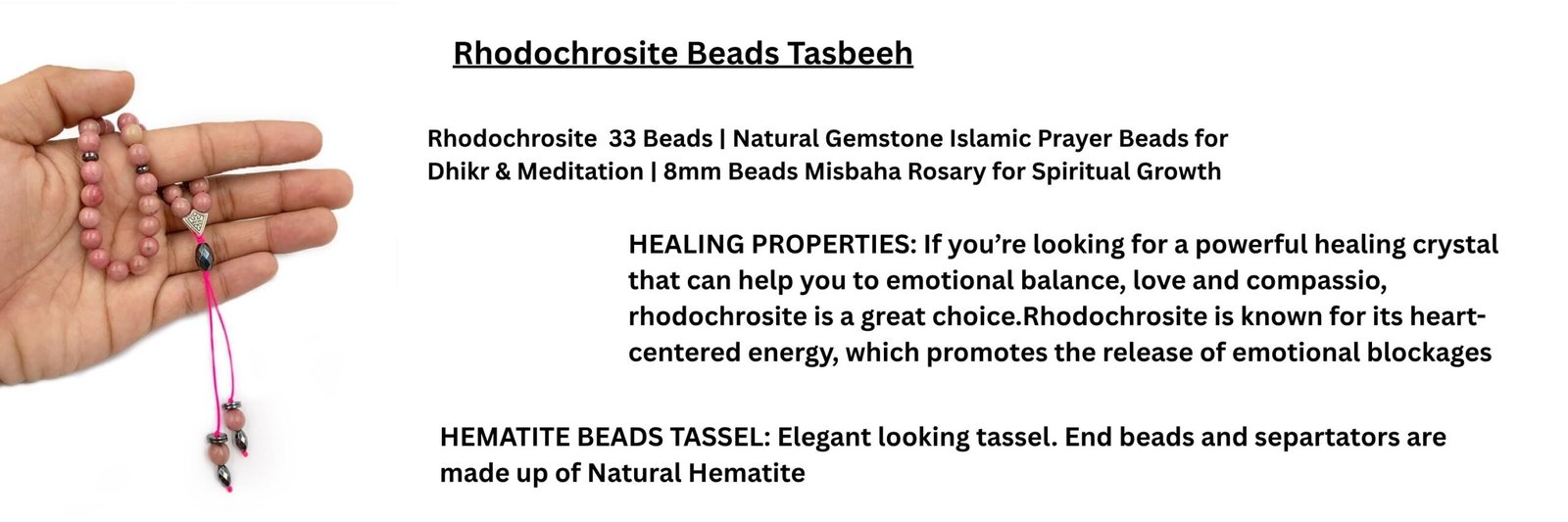 Rhodochrosite Beads Tasbeeh 8 mm - 33 Beads Misbaha Prayer Beads
