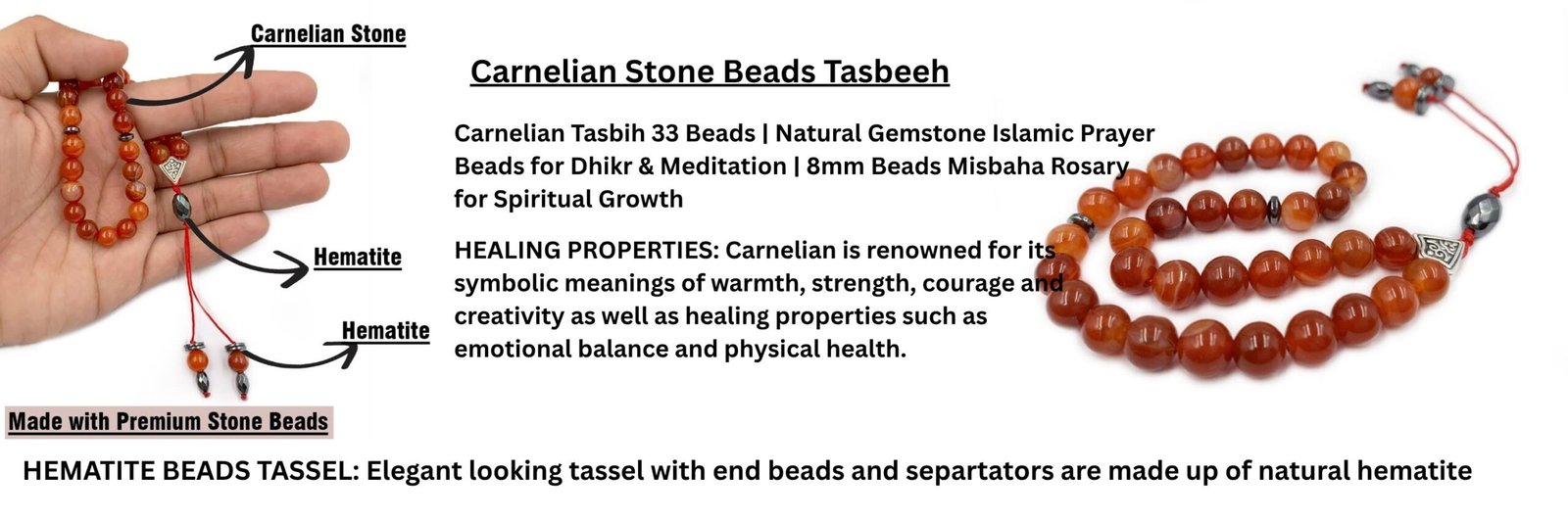 Natural Carnelian Agate Beads Tasbeeh Misbaha with Natural Hematite Separators and Tassel Beads