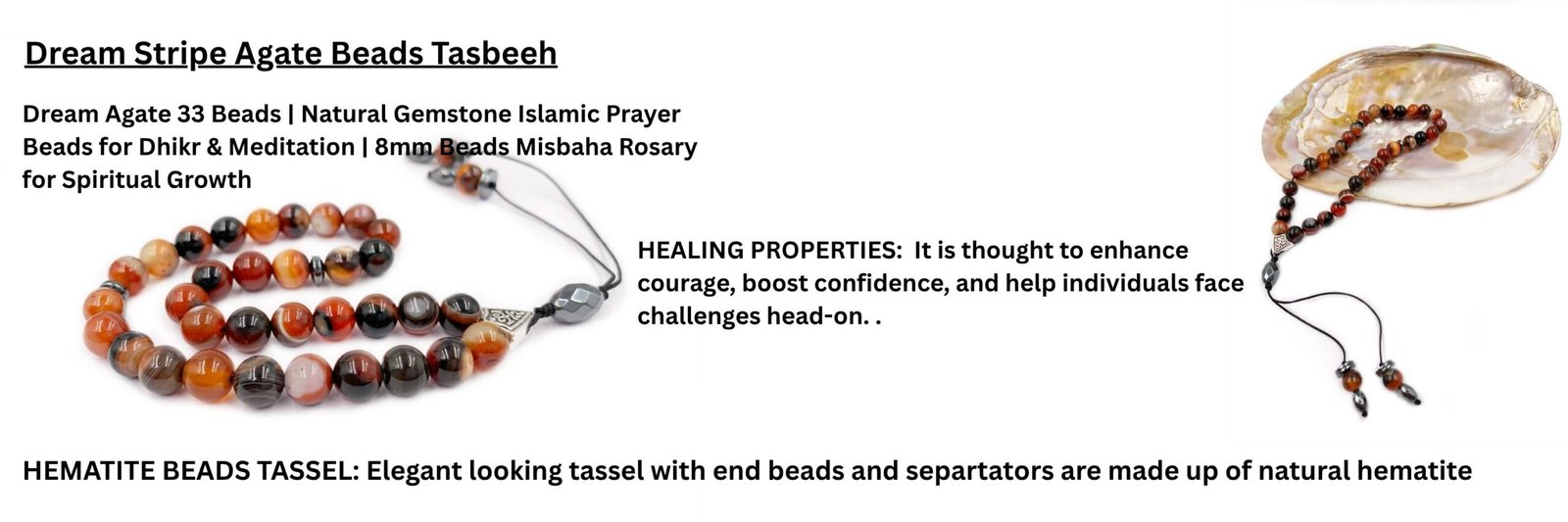 Dream Stripe Agate Tasbeeh Misbaha with Hematite Separators and Hematite Tassel Beads