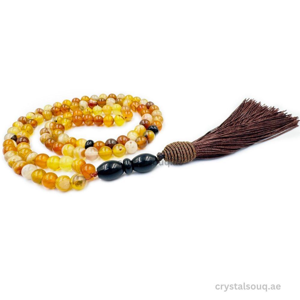 AmberStripe99_Thread_Main Crystal Souq Natural 99 Beads Amber Stripe Agate Tasbeeh