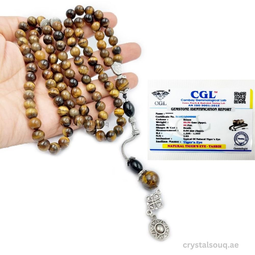 CRYSTAL SOUQ Natural Tiger Eye Beads Tasbeeh 99 Beads CRYSTAL SOUQ Natural Tiger Eye Beads Tasbeeh 99 Beads