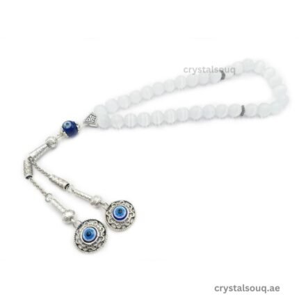 CRYSTAL SOUQ Natural Selenite Beads Tasbeeh with Evil Eye Charms 33 Beads Misbaha