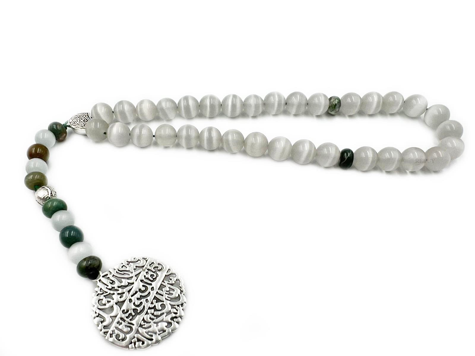 selenite_bloodstone_tasbih_33beads_1 Islamic Prayer Selenite Tasbih, Natural Stone Misbaha Tasbeeh for Unisex Adults - Image 1