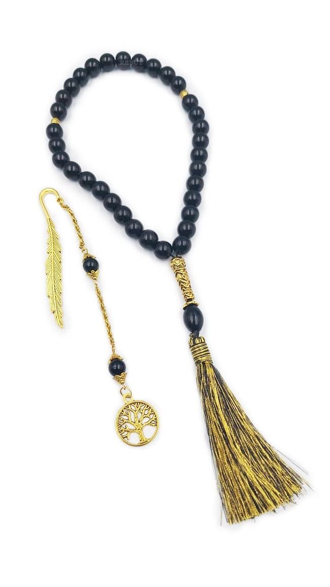 tourmaline_bookmark_tasbih_33beads_1 Black Tourmaline Gemstone Islamic Prayer Beads | 33 Beads Tasbih Misbaha Rosary Tasbeeh 8mm | Protective Energy Stones for Dhikr, Meditation, Spiritual Healing | Premium Bookmark Included - Image 1