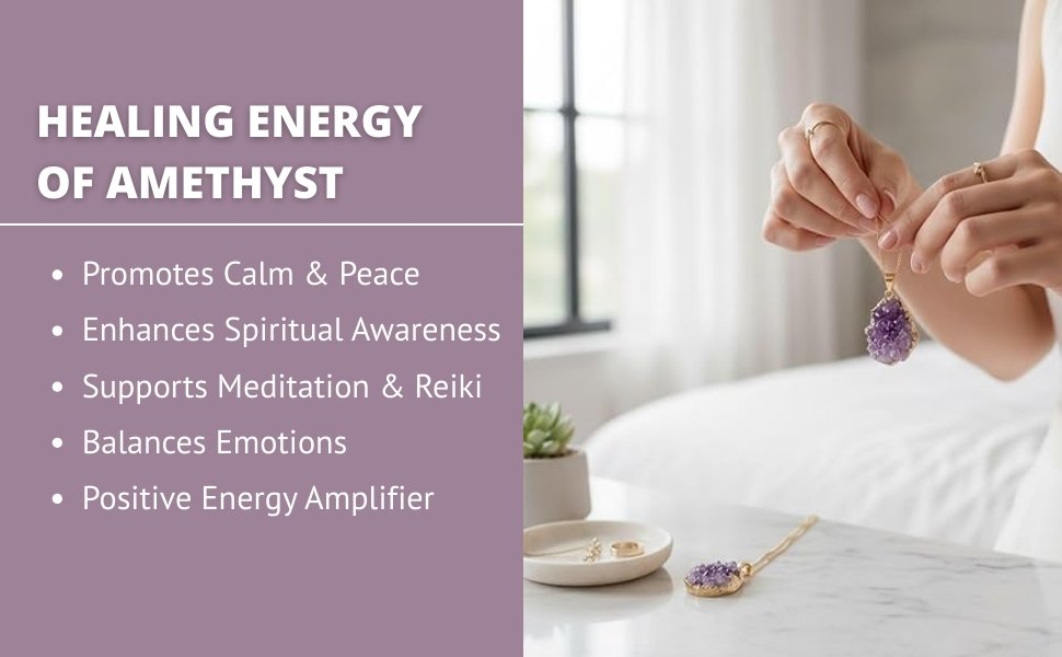 Infographic detailing healing energy of amethyst including calm, spiritual awareness, and emotional balance