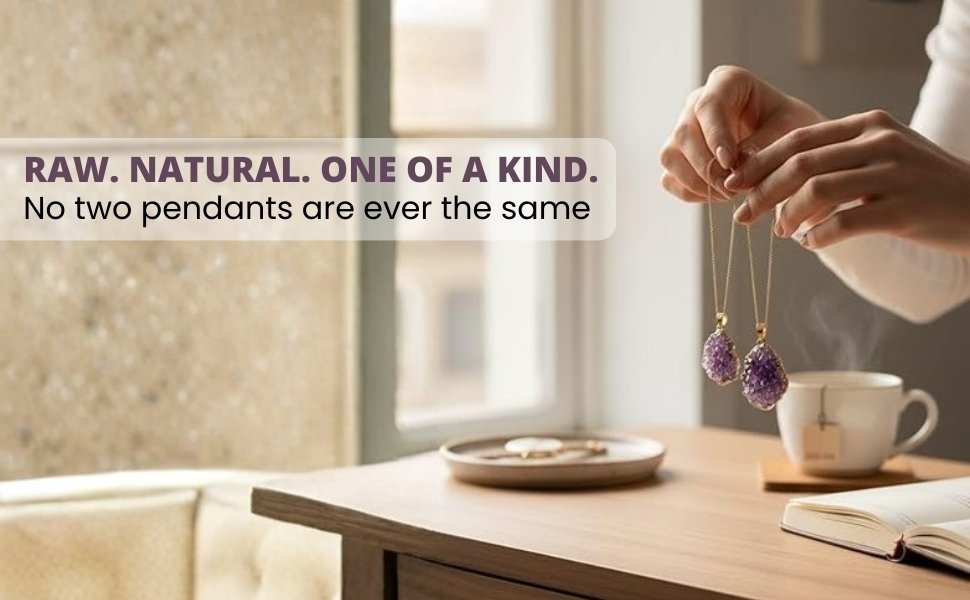 Close up view of raw natural amethyst pendants emphasizing that no two are ever the same