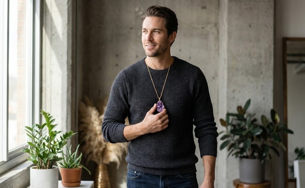 Man wearing raw amethyst healing gemstone pendant on long chain next to window