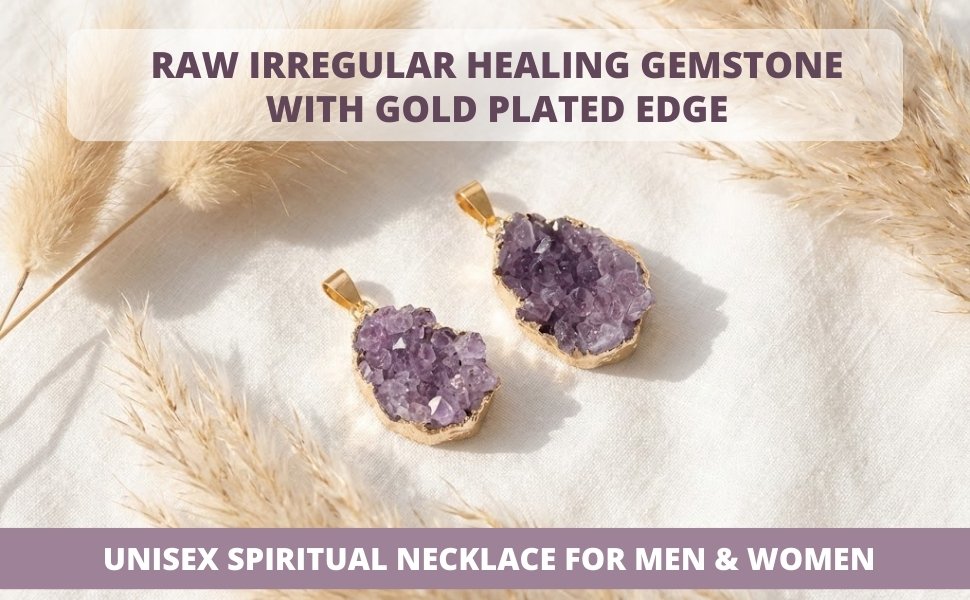 Two raw druzy Amethyst crystal pendants with premium gold plated edging on textured background