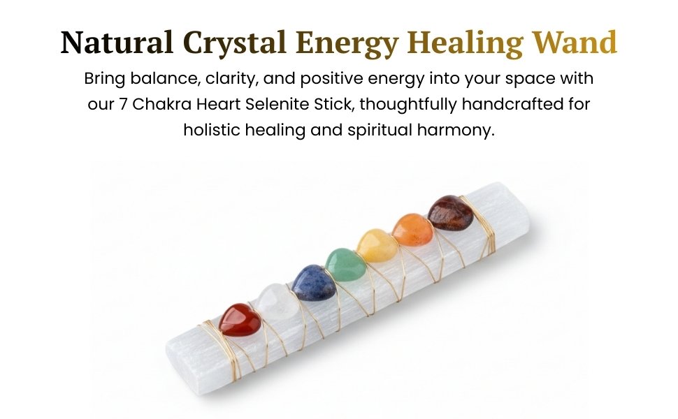 7 Chakra Heart Selenite Stick displaying the seven colorful heart-shaped stones hand-wrapped onto white selenite