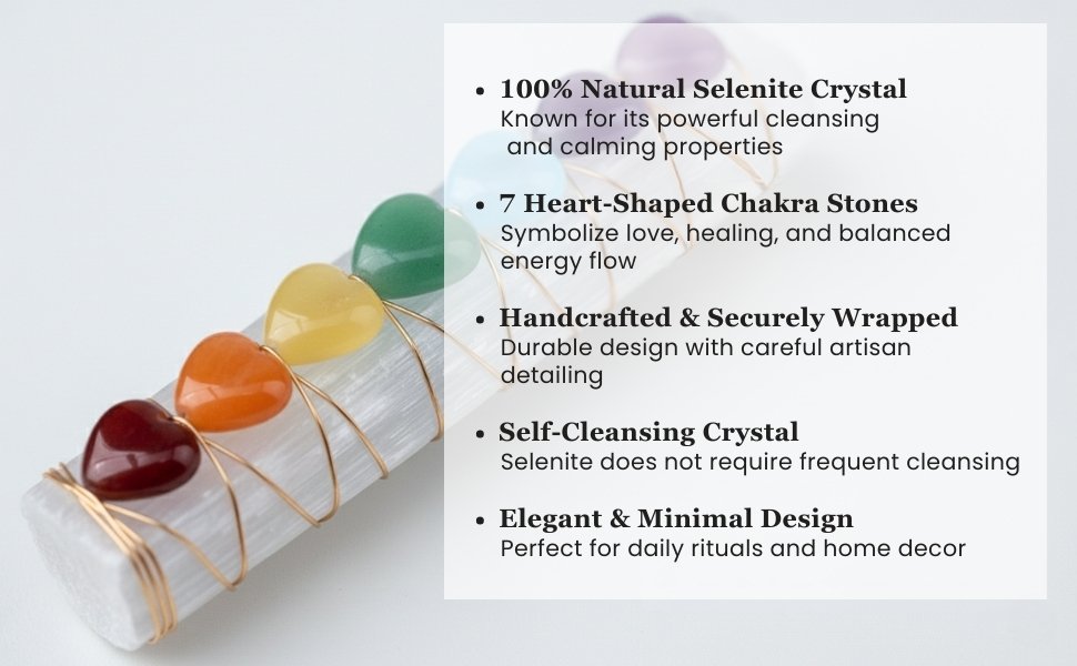 Selenite wand details highlighting natural properties, handcrafted design, self-cleansing crystal, and minimal design