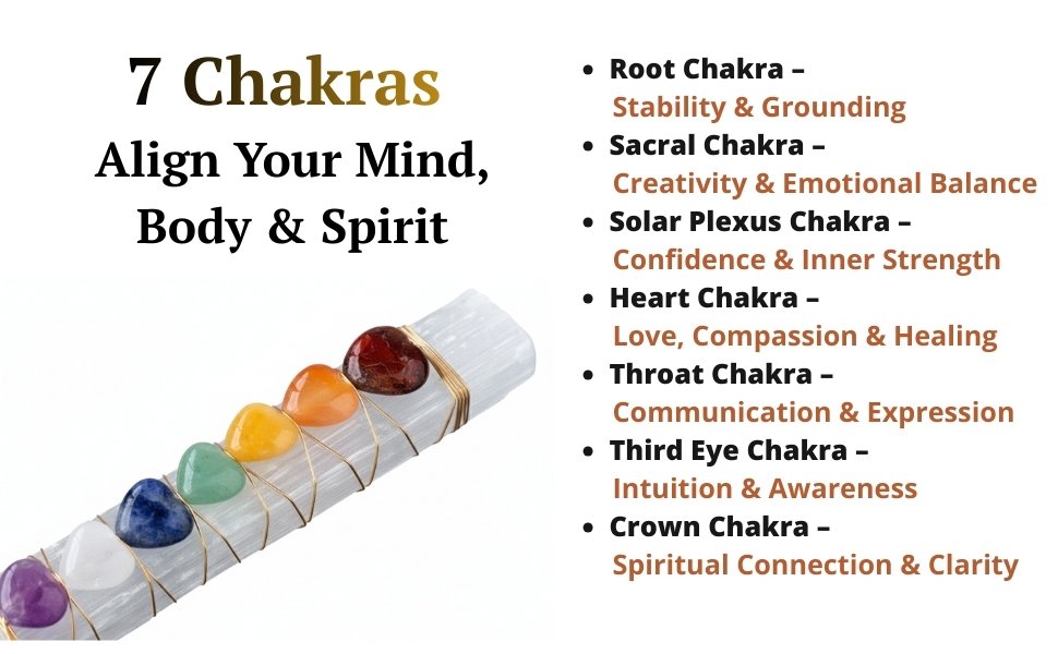 7 Chakra listing explaining Root, Sacral, Solar Plexus, Heart, Throat, Third Eye, and Crown alignment