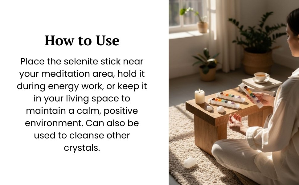 How to Use layout showcasing a person sitting cross-legged next to selenite sticks on a low wooden bench