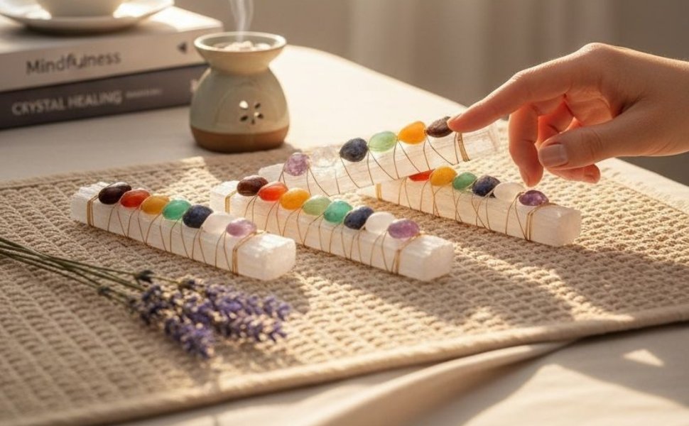Spiritual practitioner picking up one of multiple 7 chakra selenite sticks from a textured mat