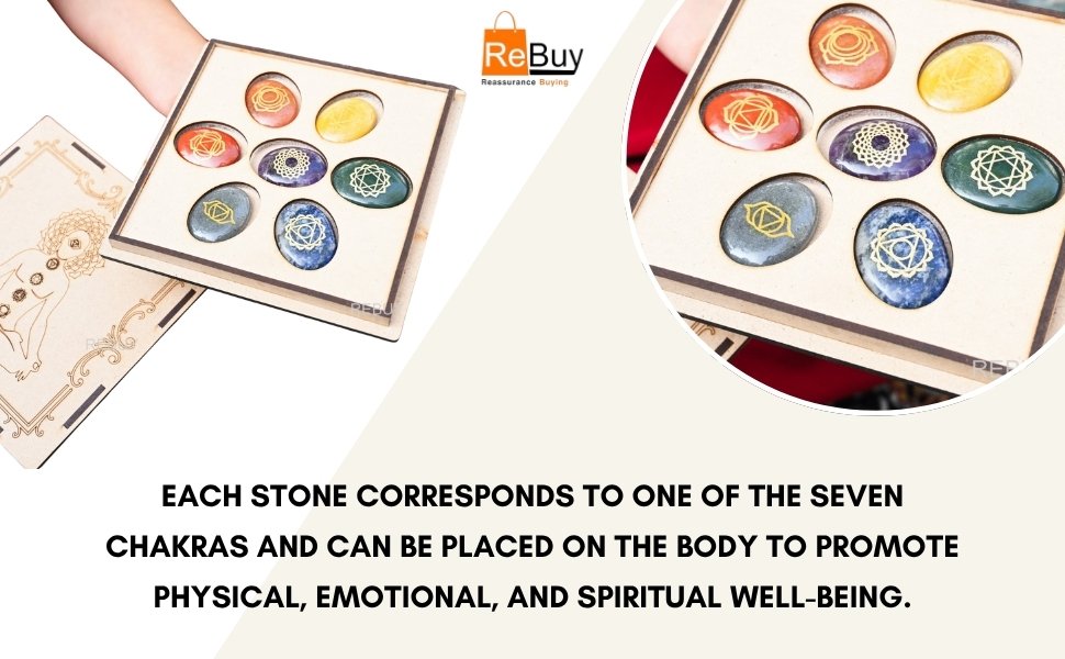 REBUY 7 Chakra palm oval stones arranged in a circle on a clean surface