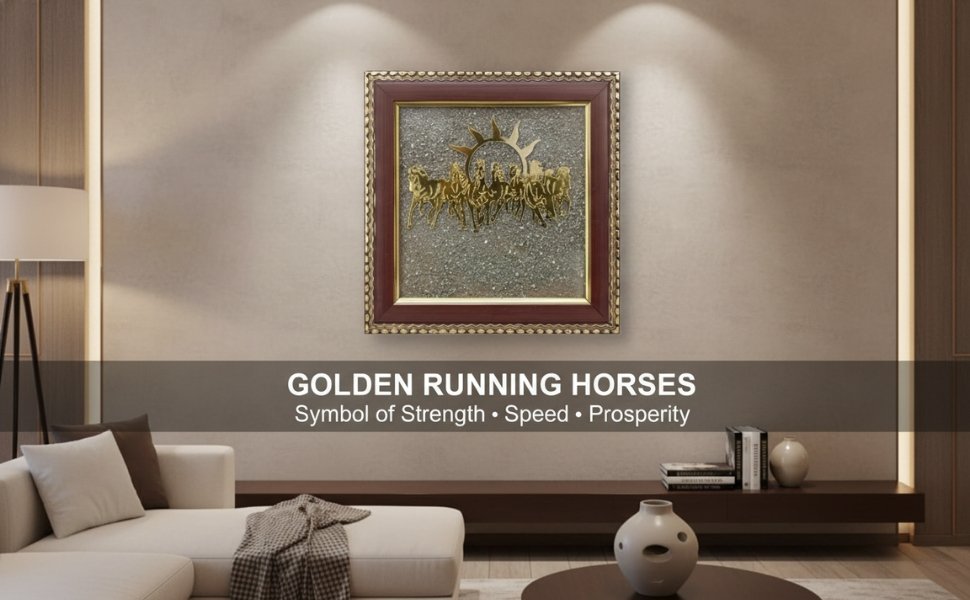 Seven Golden Running Horses art frame hung elegantly in a modern luxury living room