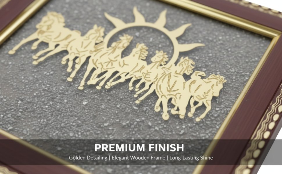 Close up macro detail of the golden metal horse engraving and texturized background