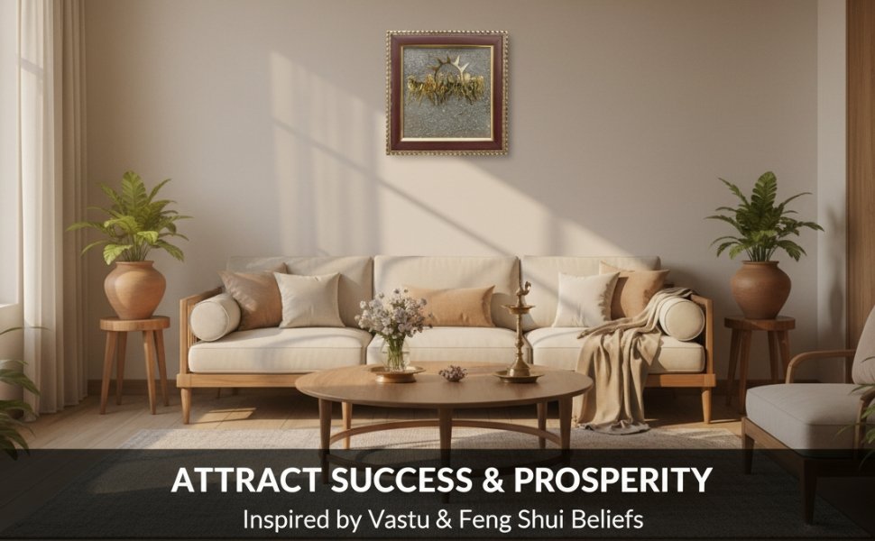 Vastu placement display of the Seven Horses frame over a mid-century sofa table