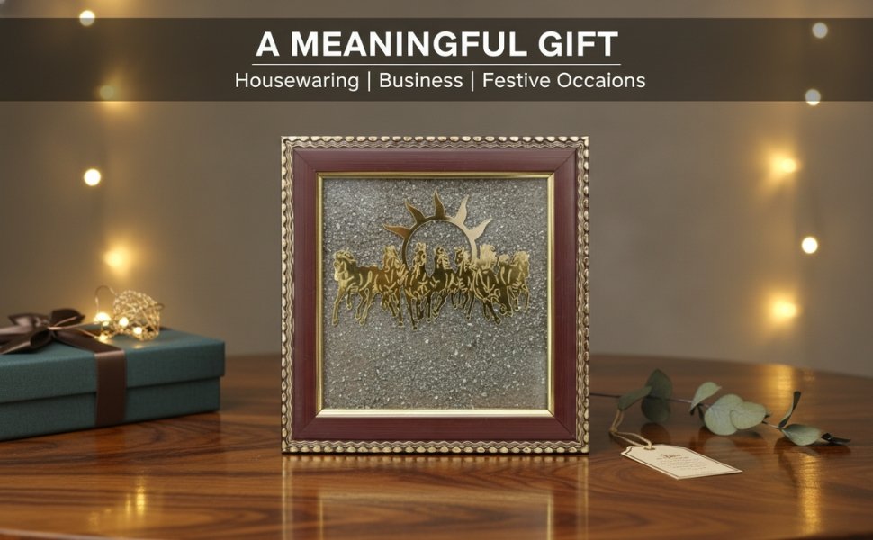 The horse frame presented beautifully on a wooden table alongside a wrapped gift box