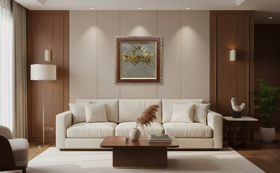 Wide room view highlighting the frame hanging symmetrically above a beige couch layout