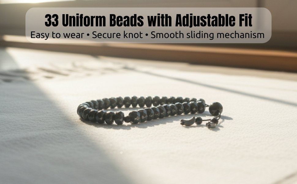 Hematite bracelet fully stretched out to demonstrate the 33 uniform beads and secure knotting