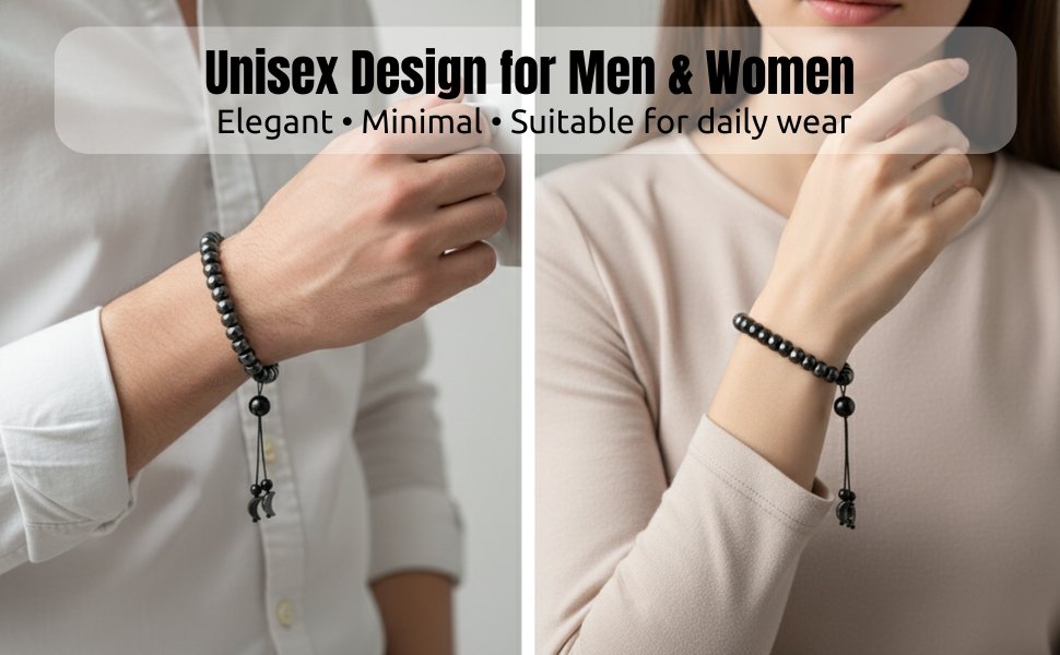 Two-panel product lifestyle display showing the bracelet worn by a man and a woman