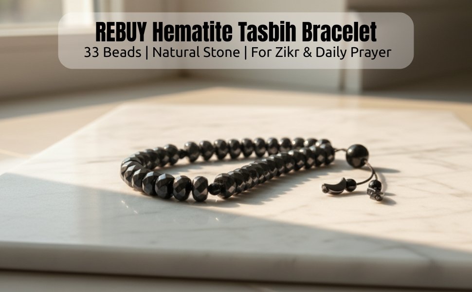 Premium REBUY Hematite Tasbih 33-bead bracelet resting flat on a white marble surface