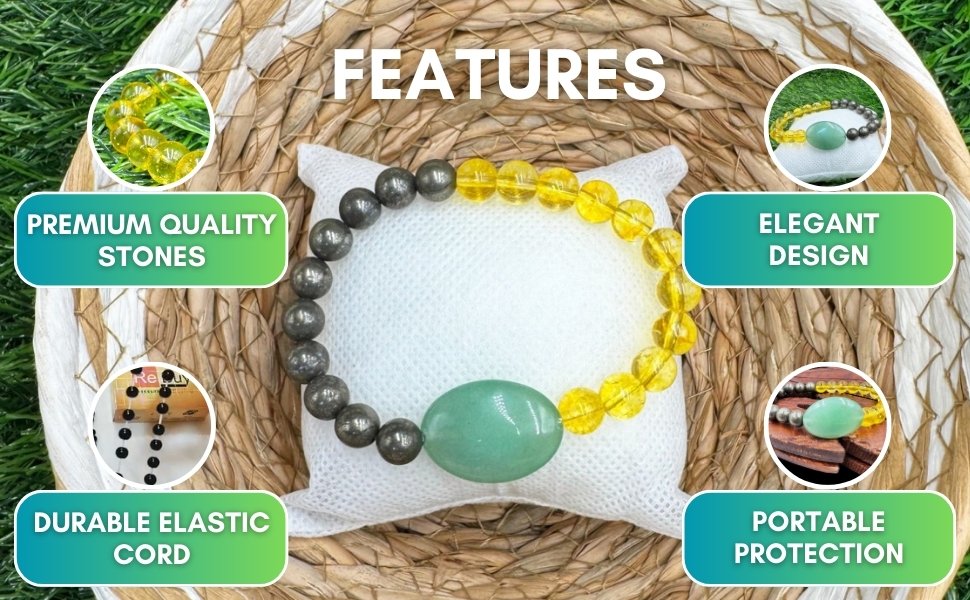 Features layout detailing premium quality stones, elegant design, durable elastic cord, and portable protection