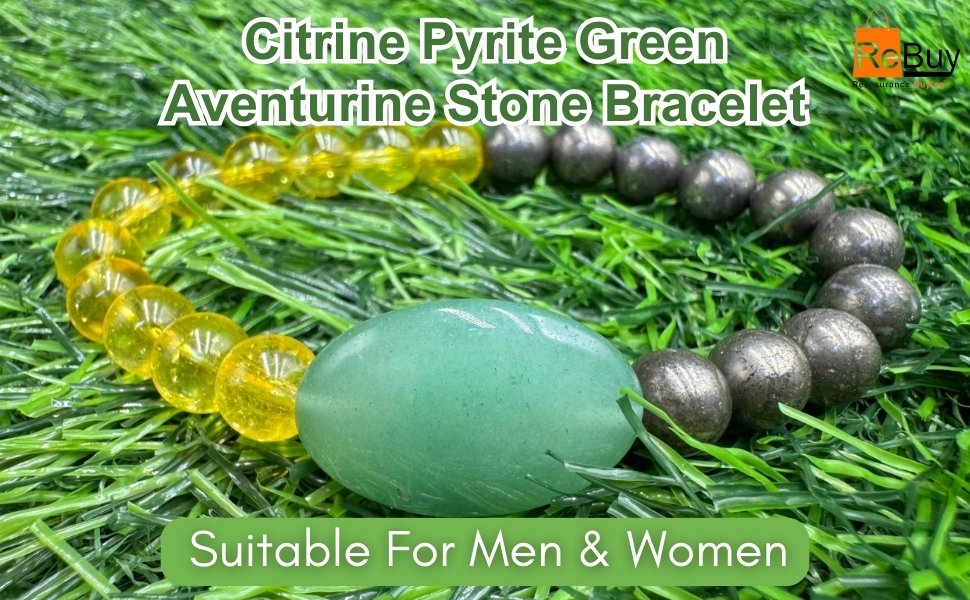 Natural Citrine Pyrite Green Aventurine stone bracelet displayed over green grass backdrop