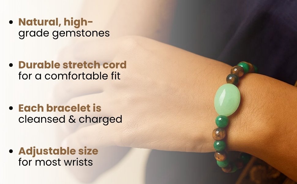 Model wearing the money magnet bracelet highlighting high grade gemstones, durable stretch cord, and charged energy