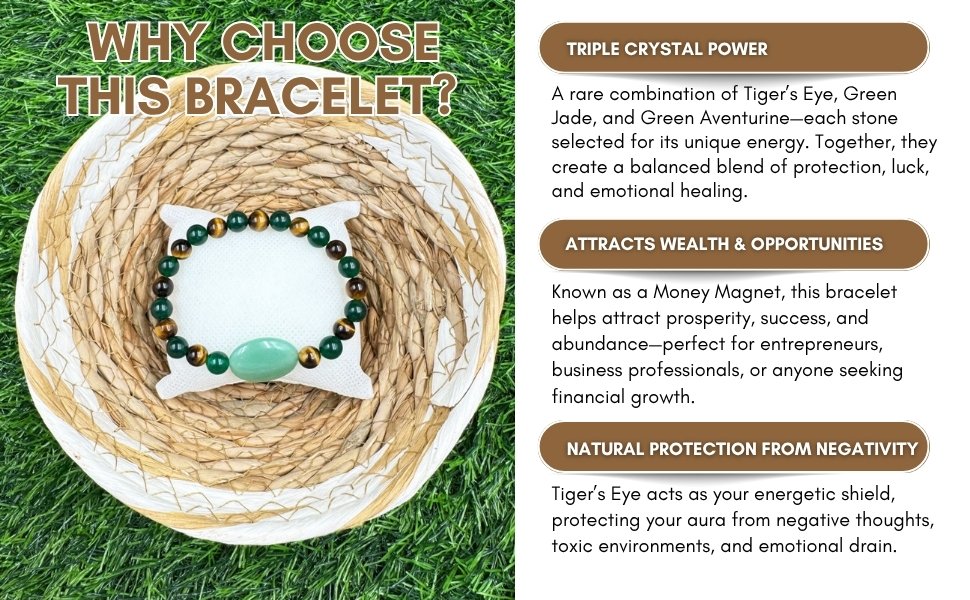 Infographic showcasing triple crystal power, wealth attraction parameters, and natural protection attributes
