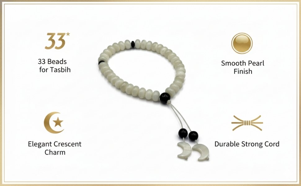 Product graphic detailing 33 beads for tasbih, smooth pearl finish, elegant crescent charm, and durable strong cord