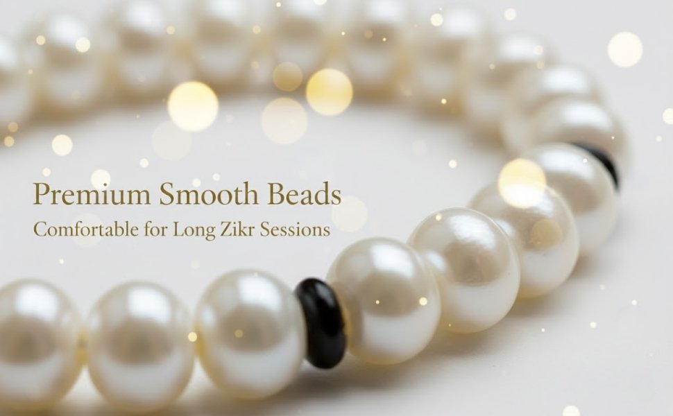 Macro close up focusing on the smooth polished finish of the white mother of pearl roundelle beads