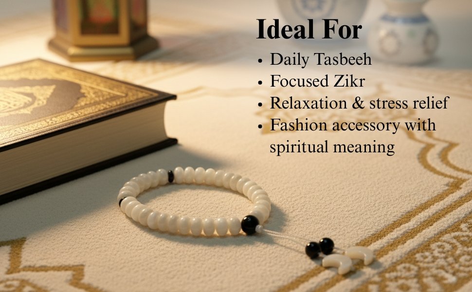 The white pearl bracelet placed cleanly on a prayer mat next to a traditional book