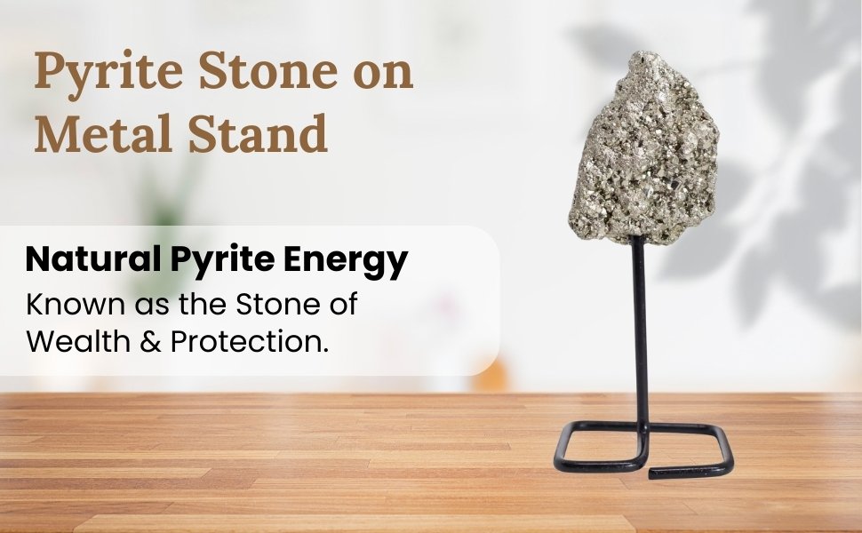Natural Pyrite cluster specimen elegantly displayed on a black metal stand