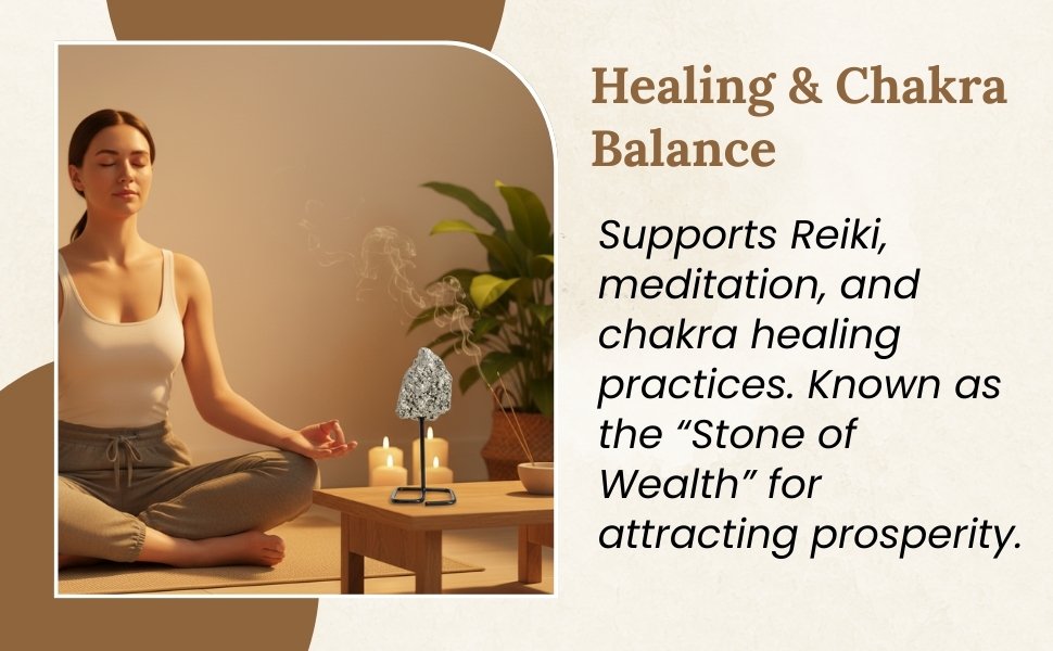 Spiritual practitioner meditating with a Pyrite stand nearby for chakra balancing