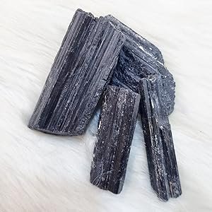 Raw Black Tourmaline crystal unpolished rough mineral specimens layout