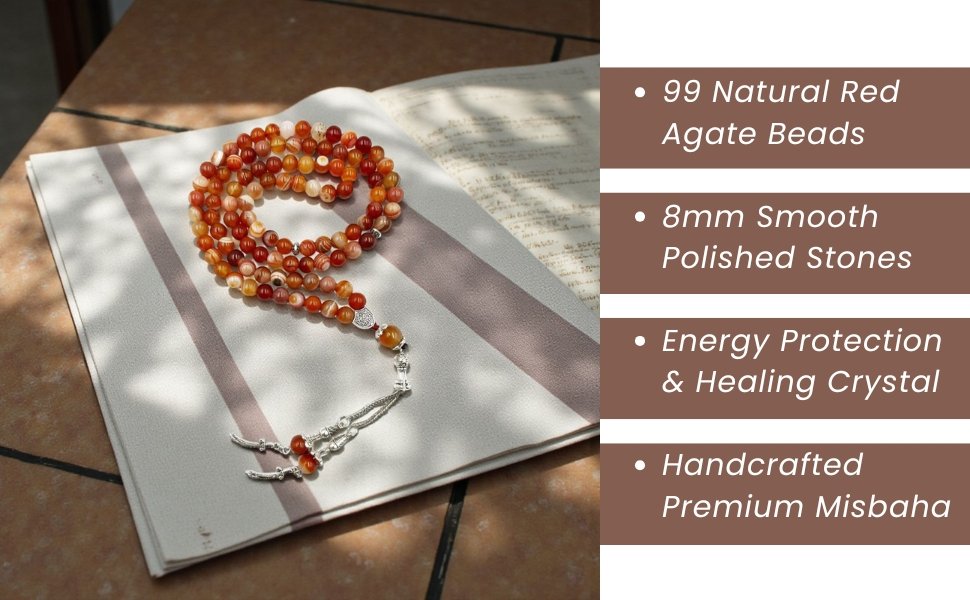 99 Natural Red Agate Beads layout highlighting 8mm smooth polished stones and handcrafted quality