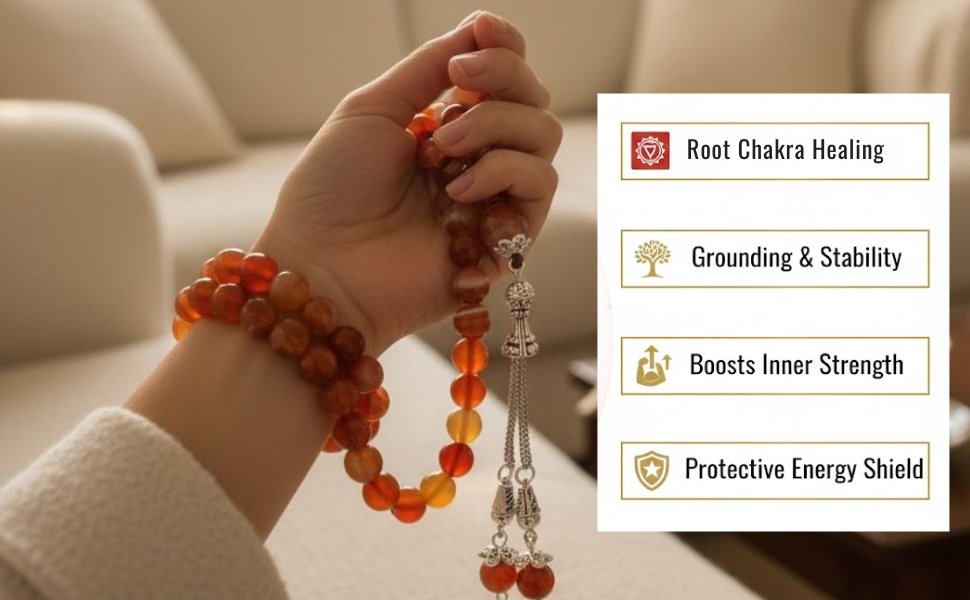 Hand holding Red Agate Tasbih highlighting Root Chakra Healing, Grounding, and Strength