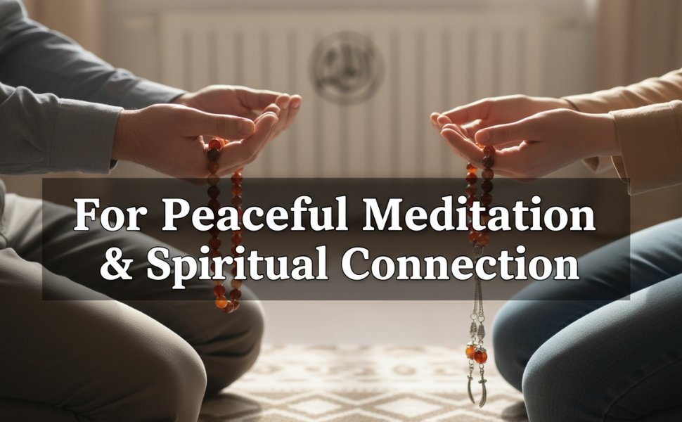 Two individuals holding prayer beads facing each for Peaceful Meditation and Spiritual Connection