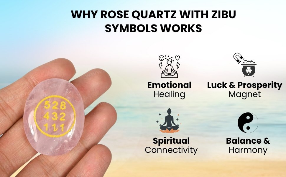 Why Rose Quartz with Zibu Symbols Works Chart highlighting Emotional Healing, Prosperity, Connection