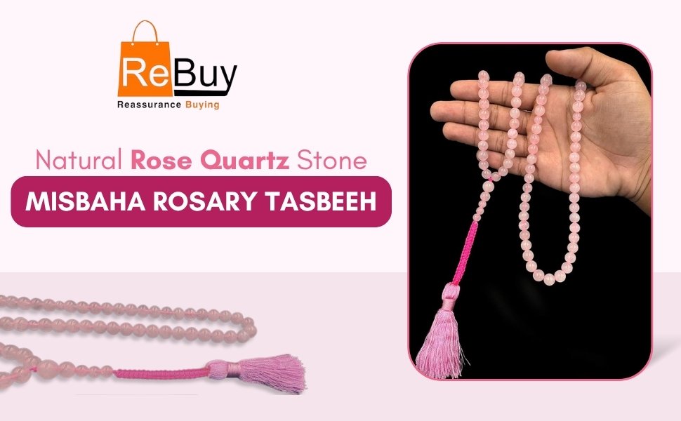 Natural Rose Quartz Stone Misbaha Rosary Tasbeeh held up by hand showcasing its soft pink beads