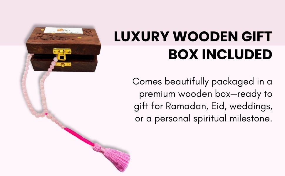 Luxury Wooden Gift Box Included showing the Rose Quartz Tasbih emerging beautifully from the wood clasp chest