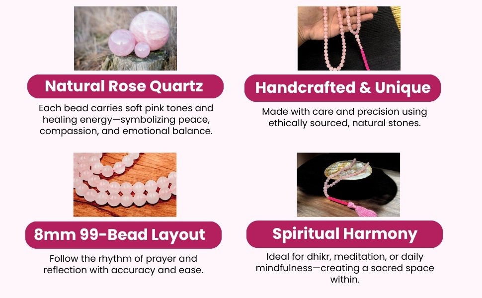 Natural Rose Quartz features breaking down handcrafting quality, 8mm layout, and spiritual harmony