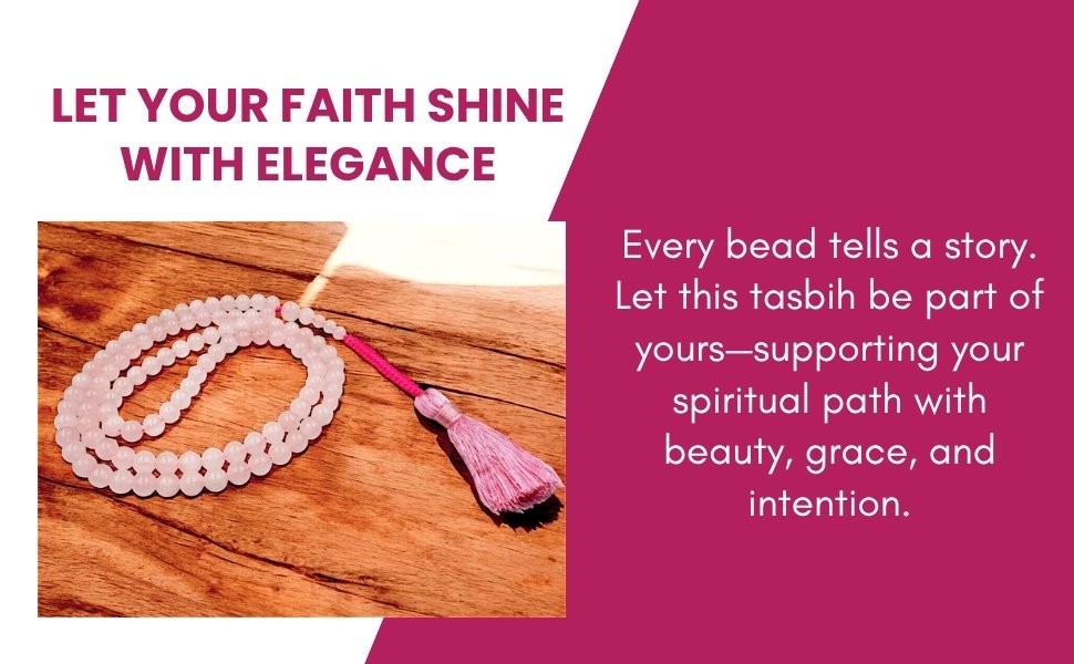 Rose Quartz Tasbih necklace arranged on a wooden surface with a soft pink tassel finish