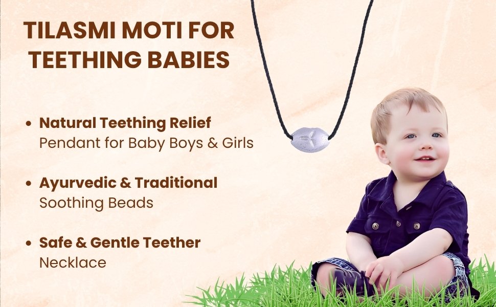 Tilasmi Moti natural Ayurvedic teething relief banner display featuring an infant