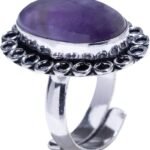 CrystalSouq Amethyst German Silver Adjustable Flower Ring for Focus & Balance