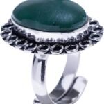 CrystalSouq Green Jade German Silver Adjustable Flower Ring for Abundance & Harmony