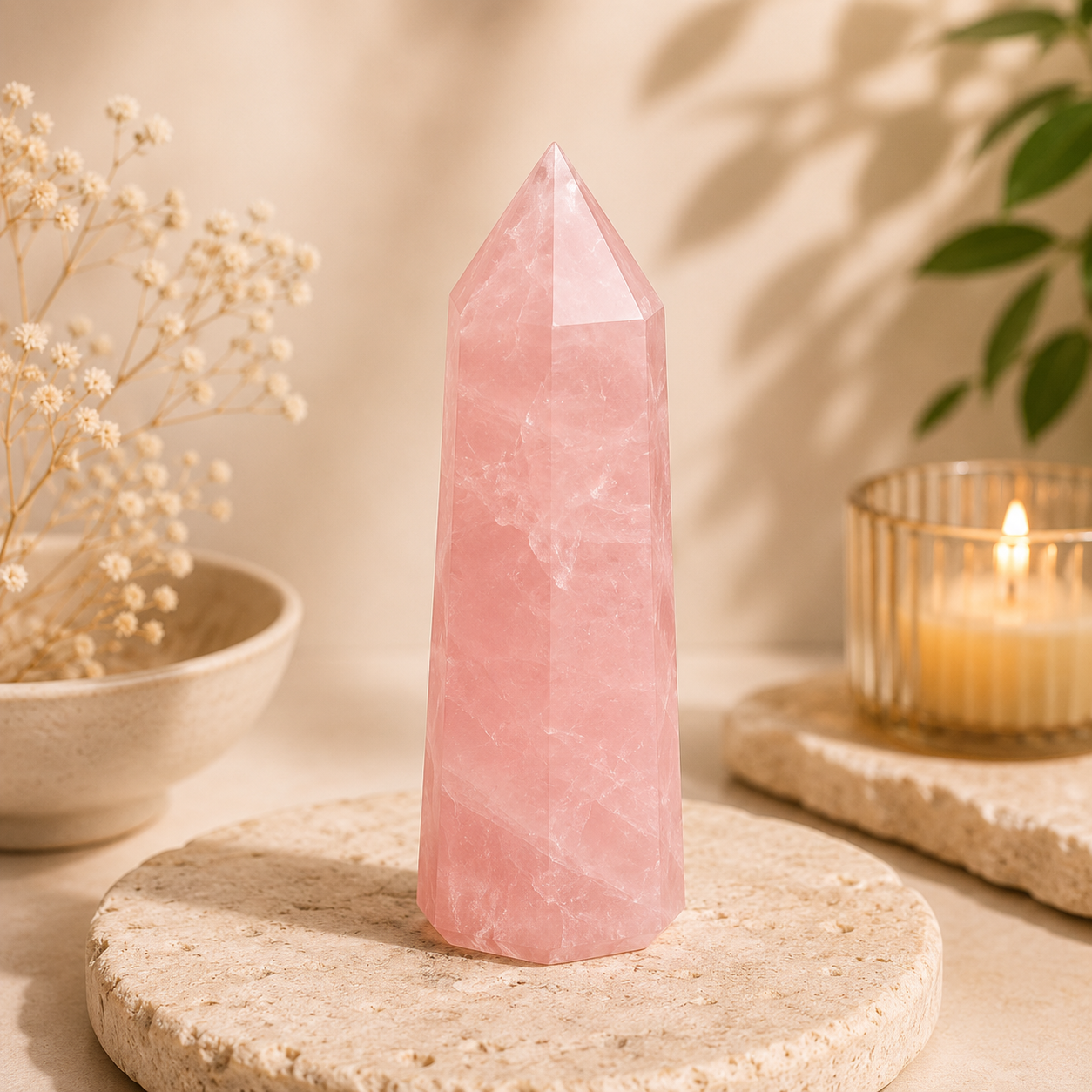 CrystalSouq Natural Pink Rose Quartz 6-Sided Healing Crystal Wand CrystalSouq Natural Pink Rose Quartz 6-Sided Healing Crystal Wand - Image 1